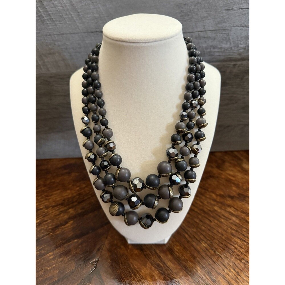 Premier Statement Necklace Black Charcoal Gray Beaded Multi Strand Gold Tone
